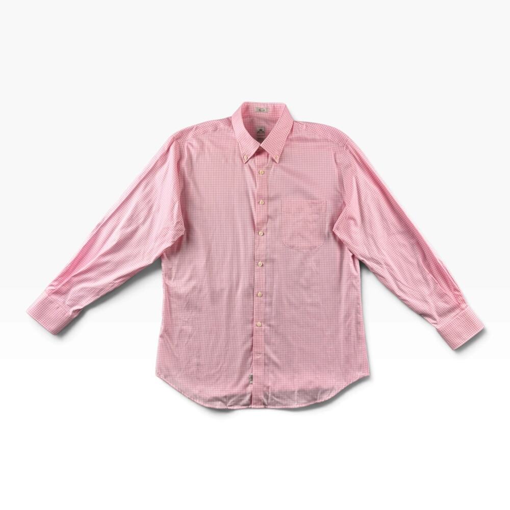 Peter Millar Men's L Nanoluxe Easy Care Shirt Pink Gingham Check 100% Cotton